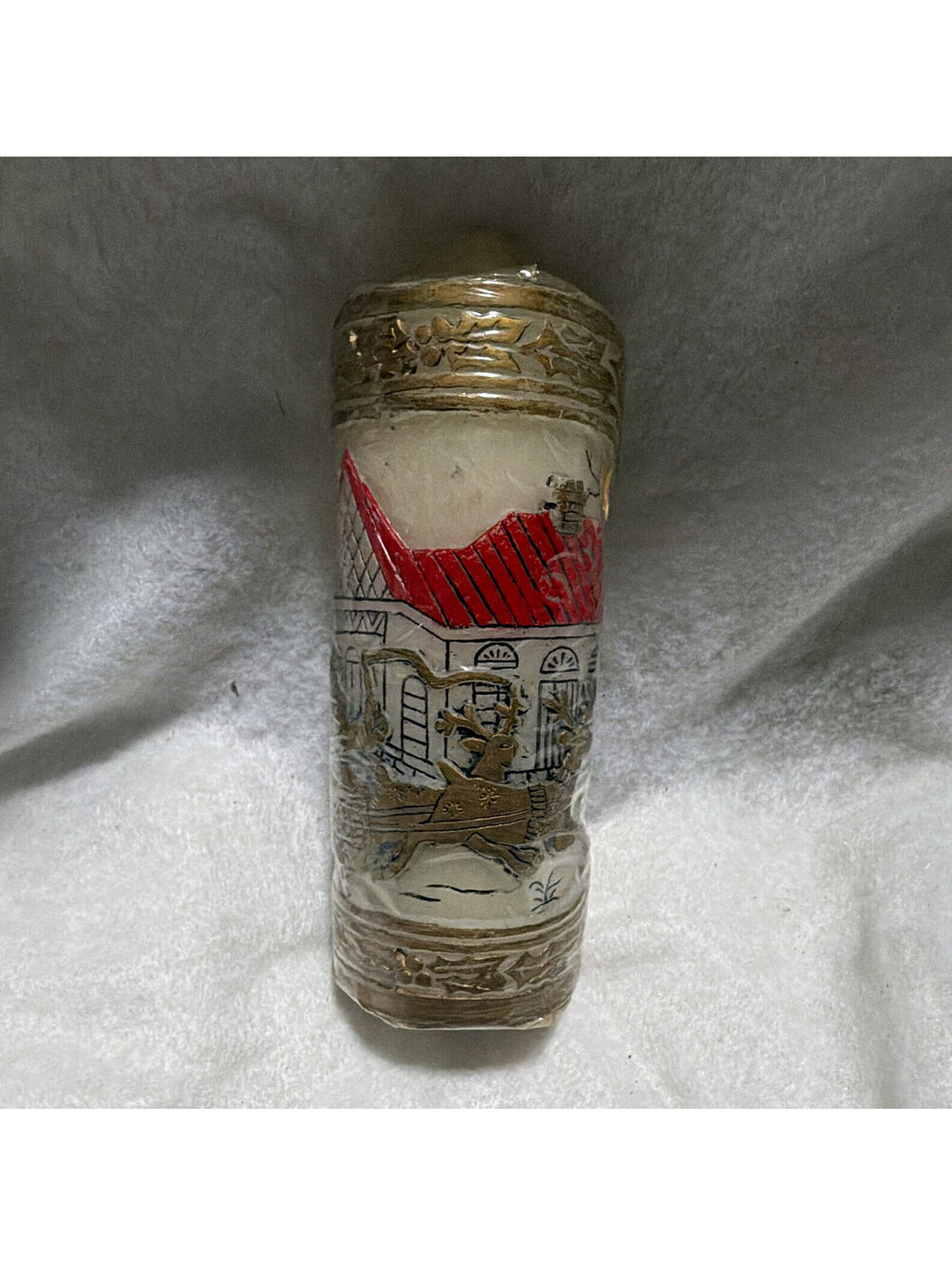 Decorative Christmas Winter House Scene Pillar Candle, White Red Gold, Handmade